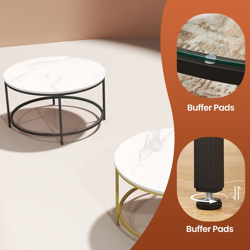 Close-up of the tempered glass shelf on the round marble-effect coffee table