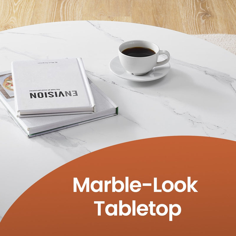 Close-up of the marble-effect tabletop finish and metal frame