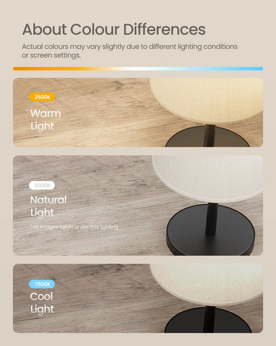 Colour comparison chart showing the coffee table finish under warm, natural and cool lighting