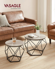 Lifestyle photo of the coffee table set in a living room beside a brown leather sofa with the Vasagle logo
