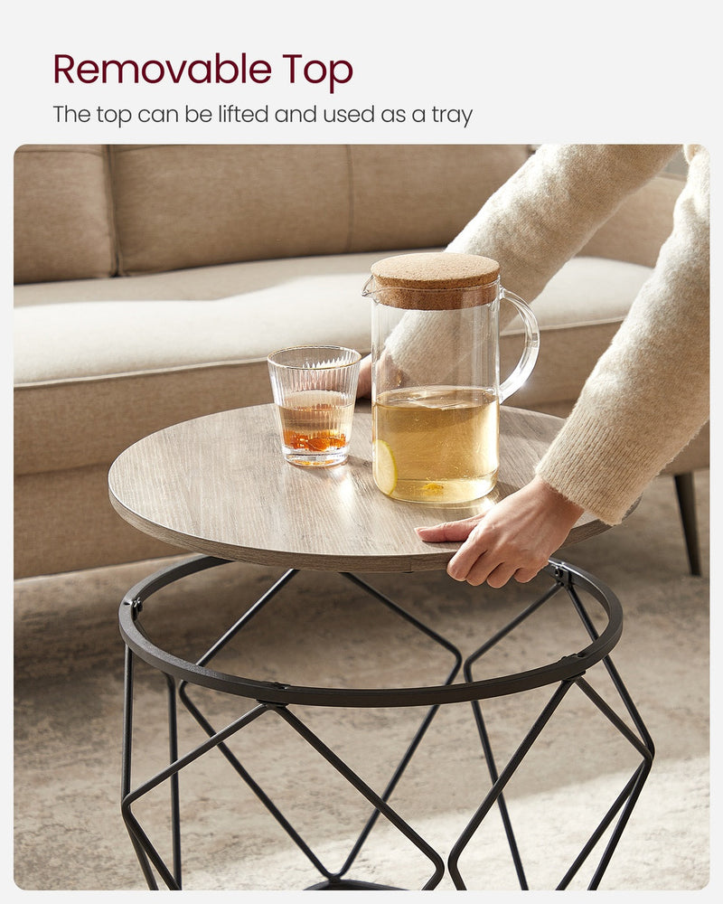 Close-up demo of the removable tabletop being lifted off the frame and used as a serving tray
