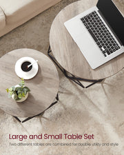 Overhead flat-lay of the large and small coffee tables side by side with a laptop, coffee and plant