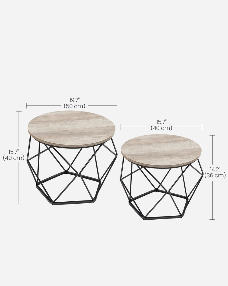 Labelled dimensions diagram showing the large table 50 cm diameter by 40 cm height and small table 40 cm diameter by 36 cm height