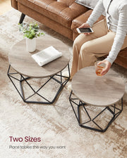 Lifestyle photo of a person sitting on a sofa reaching for a drink on the small coffee table, labelled Two Sizes