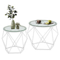Set of 2 round glass coffee tables with white geometric steel bases, large and small side by side