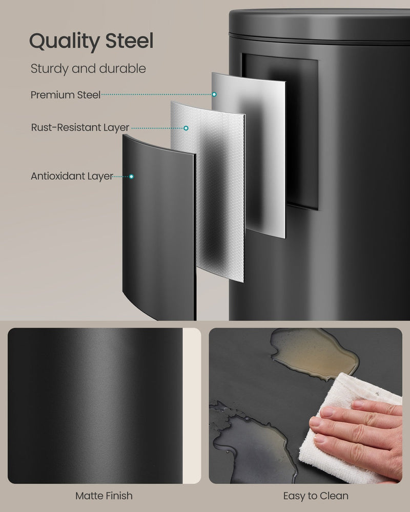 Steel layer diagram for the black bin showing its matte finish and wipe-clean surface