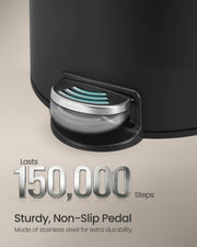 Close-up of the black bin's stainless steel foot pedal, rated for 150,000 presses
