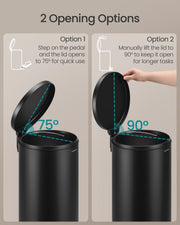 Two opening options on the black bin: 75 degrees by pedal, 90 degrees lifted by hand