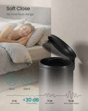 Black bin's soft-close lid shutting under 30 dB beside a person asleep in a bedroom