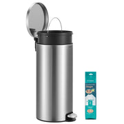 Silver stainless steel 30L round pedal bin with the lid open, beside a pack of liner bags