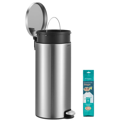 Silver stainless steel 30L round pedal bin with the lid open, beside a pack of liner bags