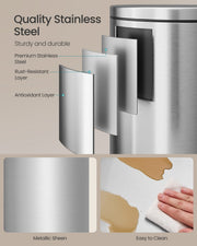 Stainless steel layer diagram for the silver bin with metallic sheen and wipe-clean close-ups