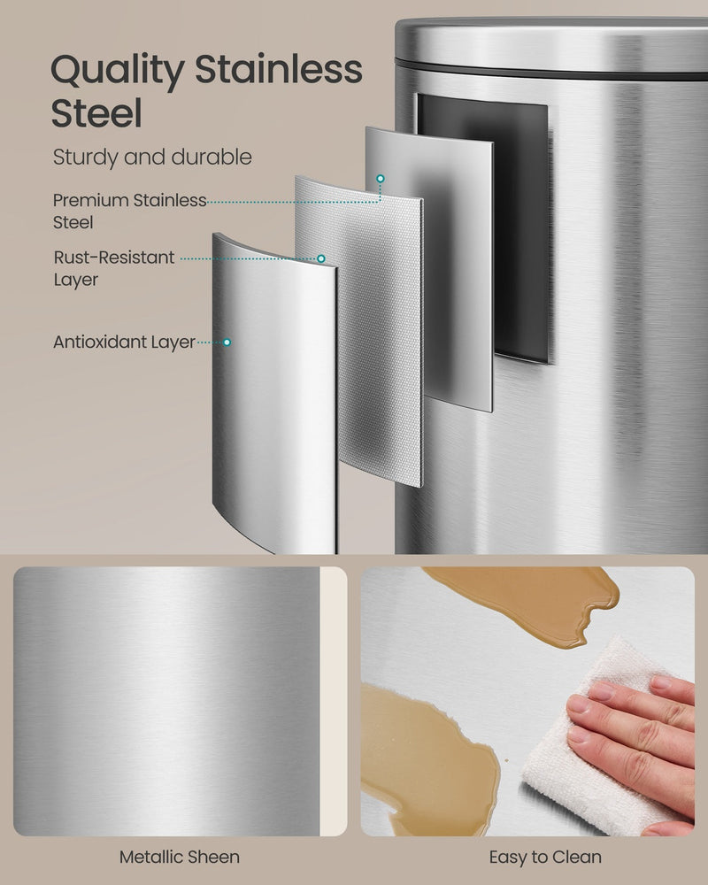 Stainless steel layer diagram for the silver bin with metallic sheen and wipe-clean close-ups