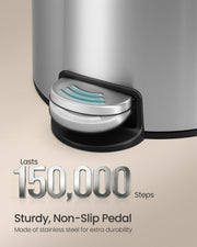 Close-up of the silver bin's stainless steel foot pedal, rated for 150,000 presses