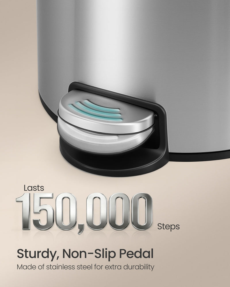 Close-up of the silver bin's stainless steel foot pedal, rated for 150,000 presses