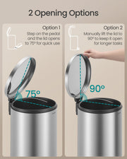 Two opening options on the silver bin: 75 degrees by pedal, 90 degrees lifted by hand