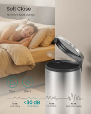 Silver bin's soft-close lid shutting under 30 dB beside a person asleep in a bedroom