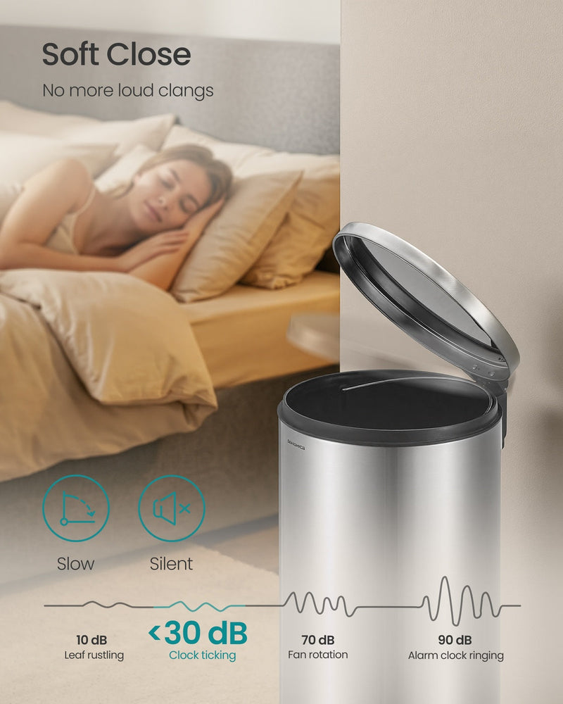 Silver bin's soft-close lid shutting under 30 dB beside a person asleep in a bedroom