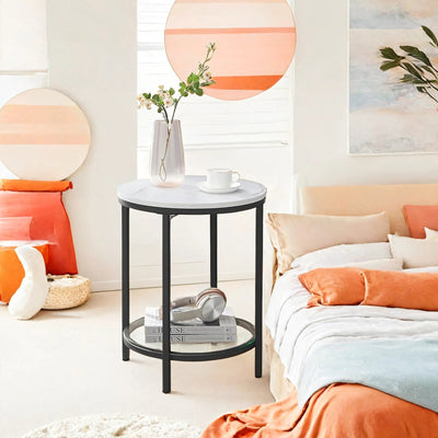 Vasagle round side table in marble white and black, lifestyle shot
