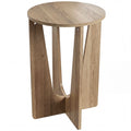 Round side table with curved cross legs in a coffee wood effect finish on a white background