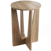 Round side table with curved cross legs in a coffee wood effect finish on a white background