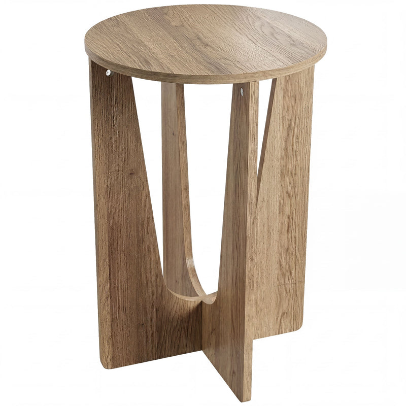 Round side table with curved cross legs in a coffee wood effect finish on a white background