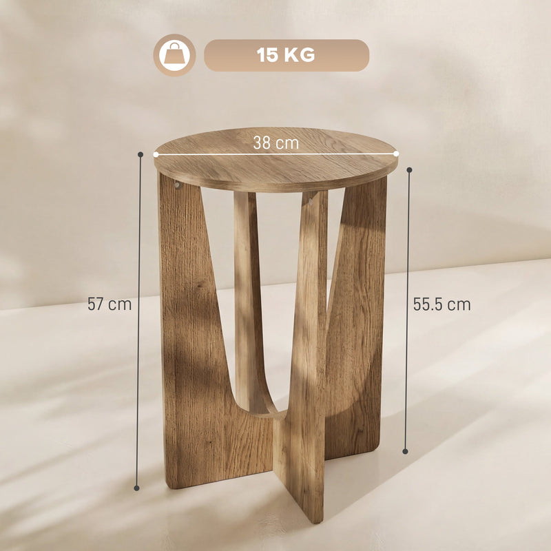 Side table dimensions diagram showing a 38 cm round top, 57 cm height and 15 kg load