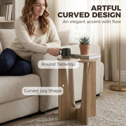 Woman on a sofa resting a mug on the round tabletop with the curved leg shape labelled