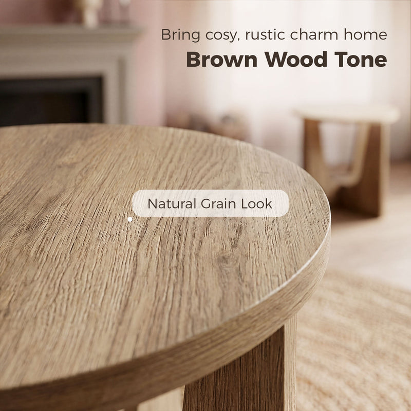 Close-up of the round tabletop showing its natural wood grain look in a brown wood tone