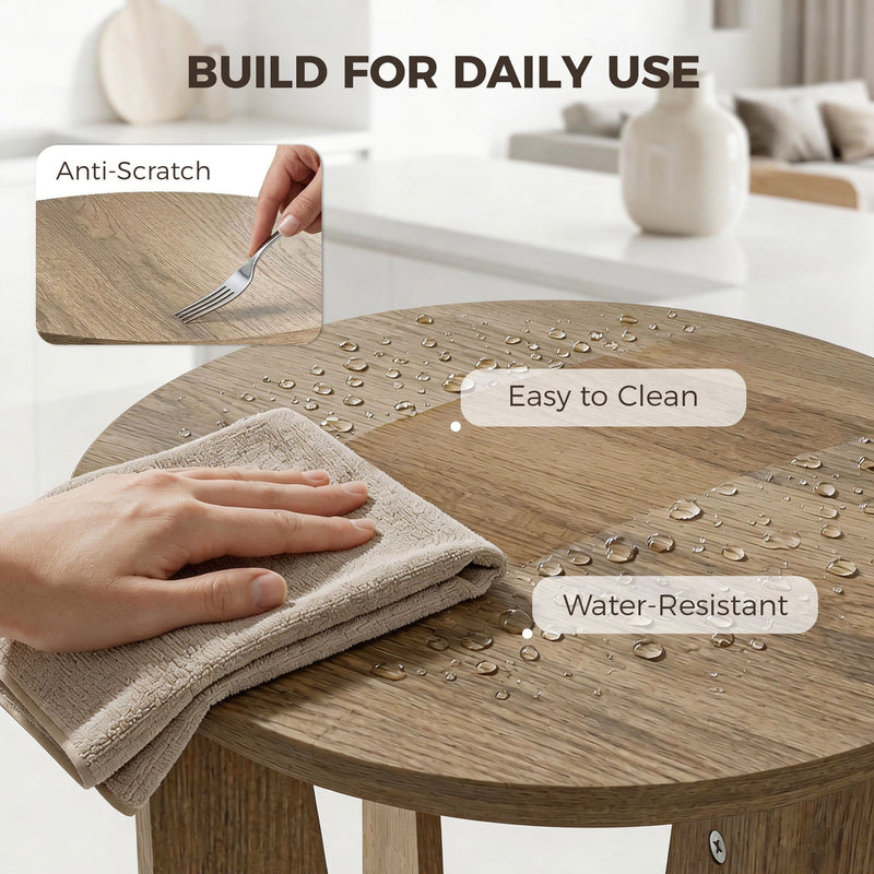 Hand wiping water droplets from the anti-scratch, water-resistant tabletop