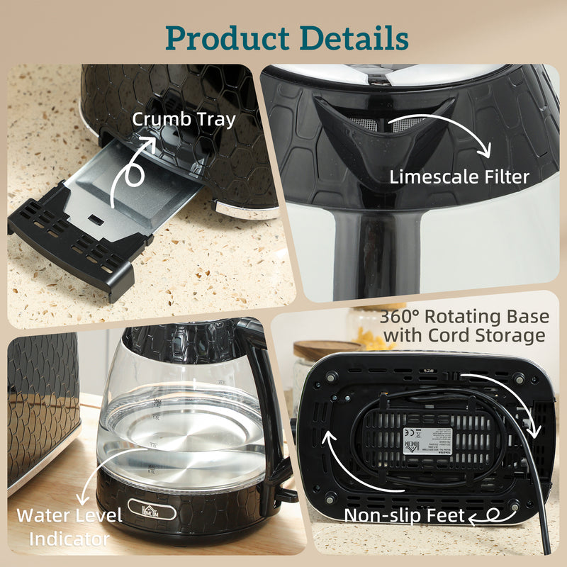 Fast Boil Kettle and 2 Slice Toaster Set with Adjustable Browning Control Black AOSOM