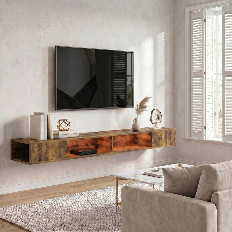 Floating Wall Mounted TV Unit with LED Lights, Storage, Cable Management for Tidy Living Room, Rustic Brown
