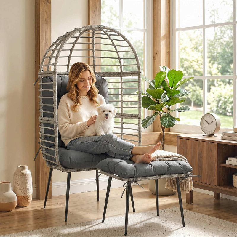 Egg Chair and Footstool Set for Comfortable Outdoor Relaxing Weather Resistant Rattan Grey Outsunny