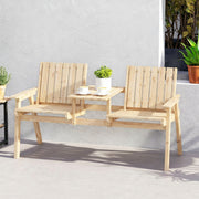 Wooden Garden Bench for Two with Middle Table and Parasol Hole Natural Finish Outsunny