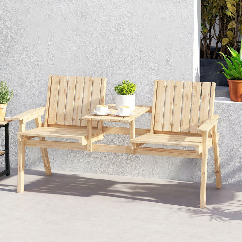 Wooden Garden Bench for Two with Middle Table and Parasol Hole Natural Finish Outsunny