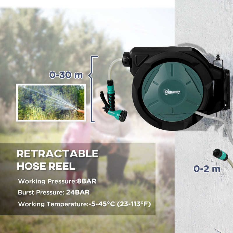 Wall Mounted 30m Retractable Garden Hose Reel With Auto Rewind and Spray Nozzle Green Outsunny