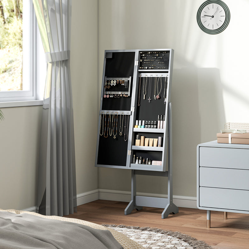 Freestanding Jewellery Cabinet With LED Lights And Full Length Mirror Storage Grey