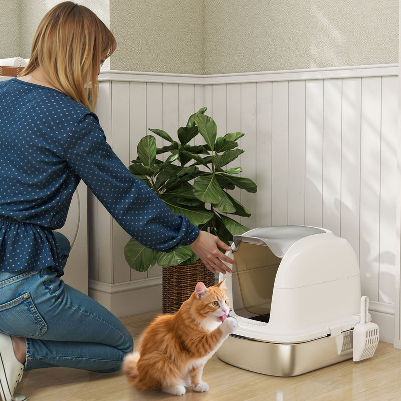 Enclosed Stainless Steel Cat Litter Box With Scoop Flip Lid For Mess Free Cleaning, Silver