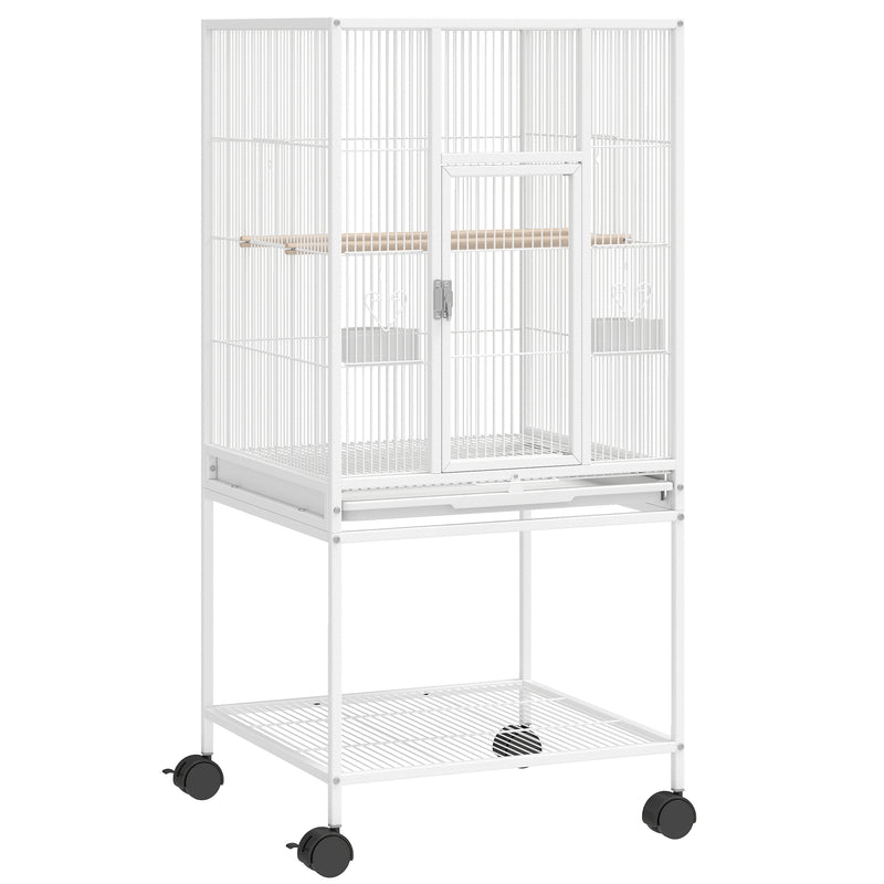 Mobile Bird Cage With Stand and Storage Shelf for Easy Cleaning and Moving White
