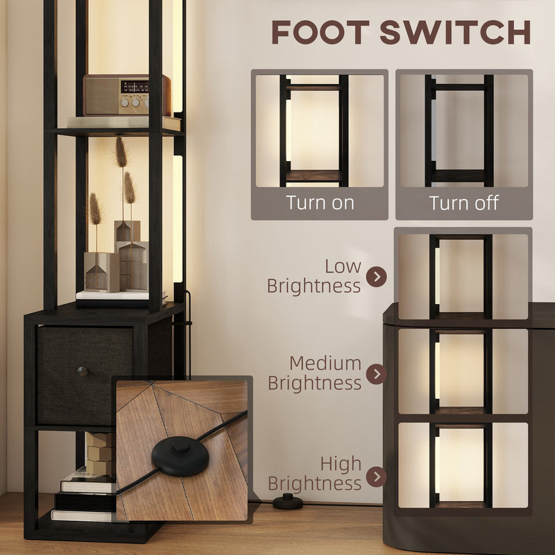 Modern LED Floor Lamp With Shelves and Fabric Drawer For Living Room or Bedroom, Black