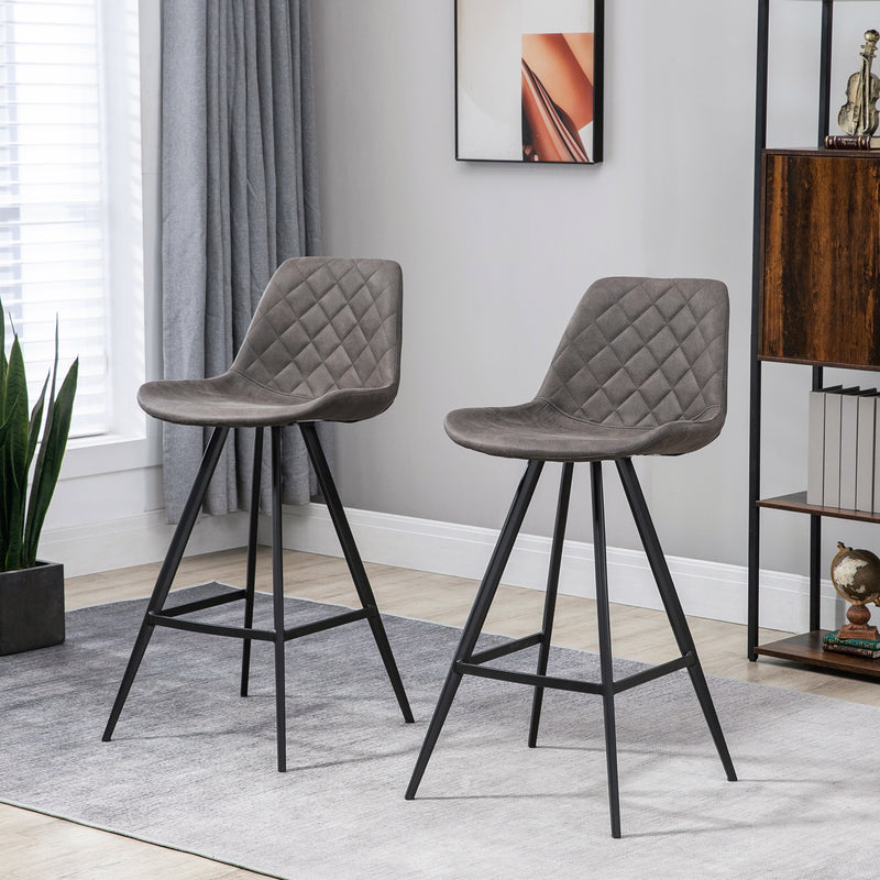 Set of 2 Vintage Bar Stools with Padded Quilted Seats and Steel Frame for Home Bar Dark Grey