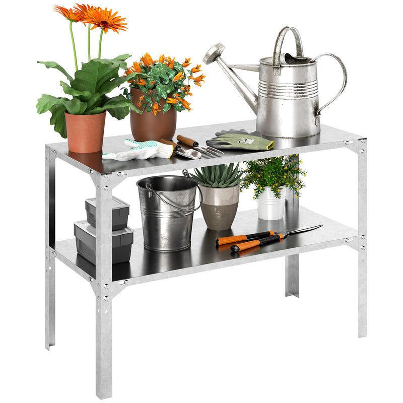 2 Tier Galvanised Steel Potting Bench Table With Storage Shelf for Garden and Greenhouse by Outsunny