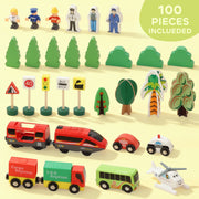 100 Piece Wooden Train Set with Battery Train and Crane for Kids Aged 3 Plus, Natural Wood AOSOM