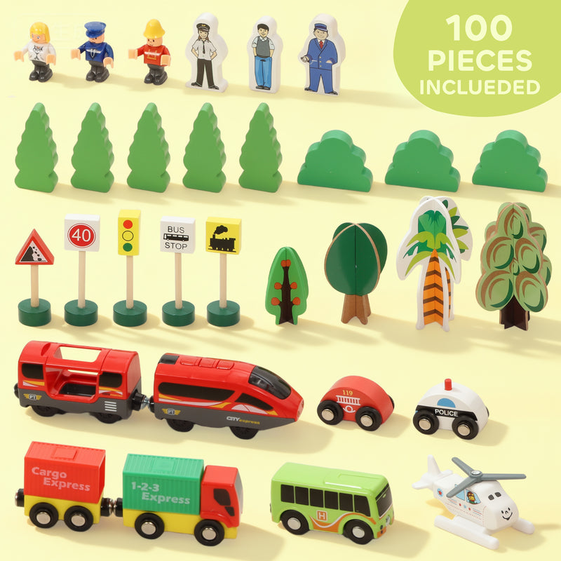 100 Piece Wooden Train Set with Battery Train and Crane for Kids Aged 3 Plus, Natural Wood AOSOM