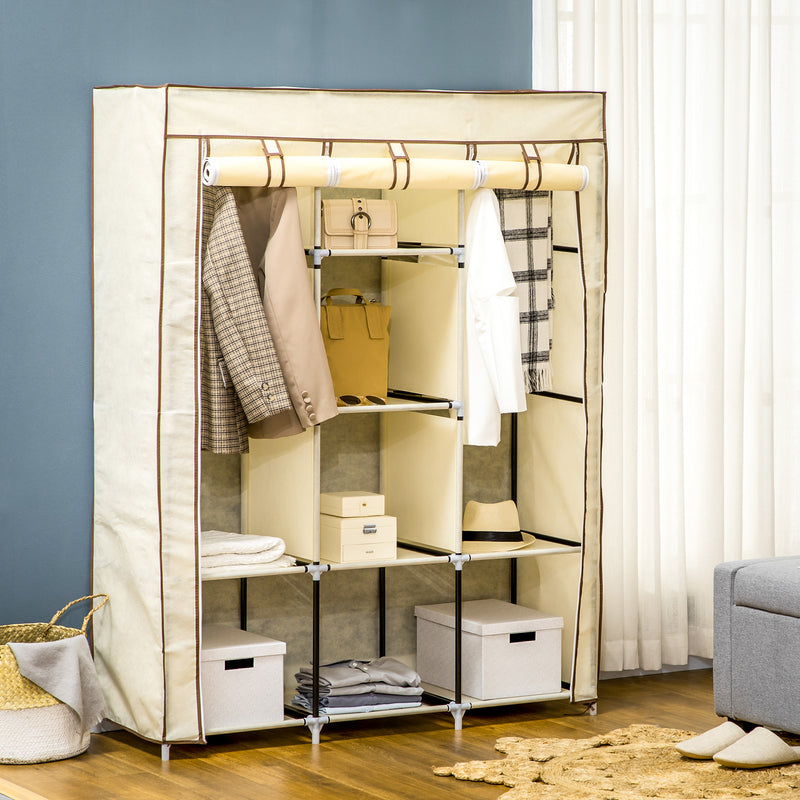 Cream White Fabric Portable Wardrobe with 8 Shelves and 2 Hanging Rods by HOMCOM