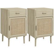 Set of 2 Rattan Bedside Tables with Drawer and Cabinet for Bedroom Storage Natural Wood