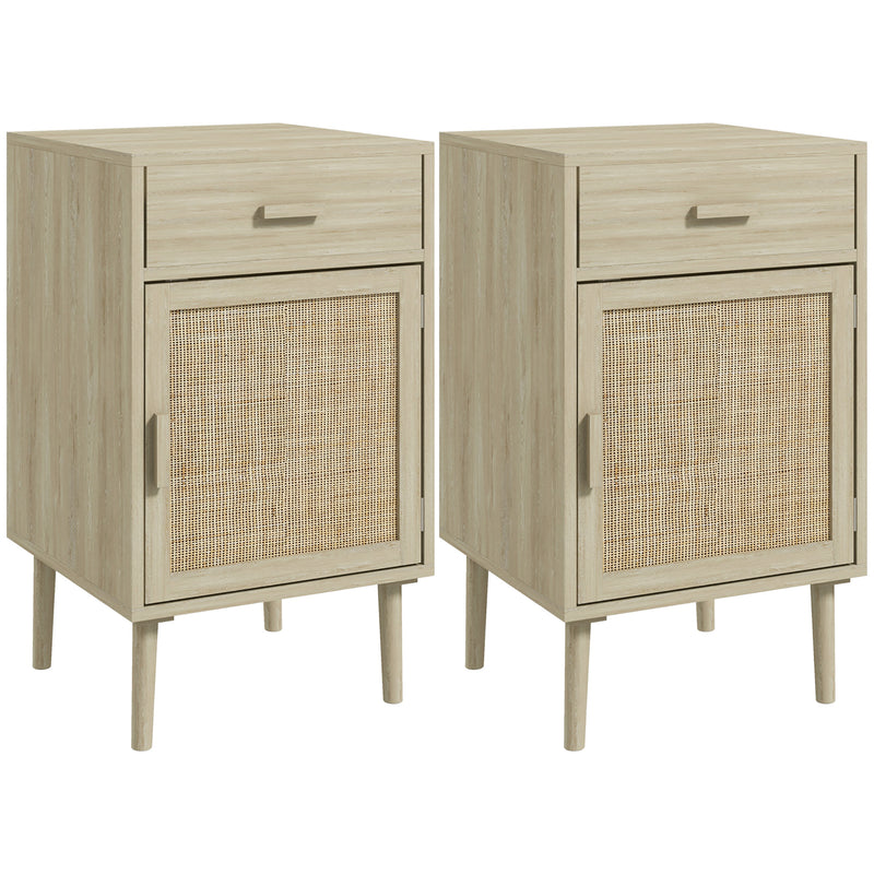 Set of 2 Rattan Bedside Tables with Drawer and Cabinet for Bedroom Storage Natural Wood