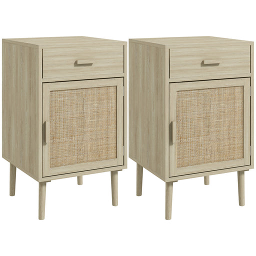 Set of 2 Rattan Bedside Tables with Drawer and Cabinet for Bedroom Storage Natural Wood