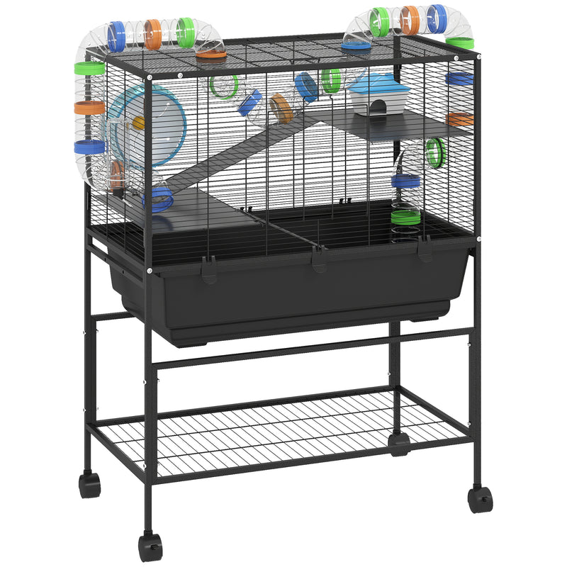 Large 3 Tier Hamster Cage with Wheels Deep Tray and Storage Shelf for Syrian and Gerbil by PawHut