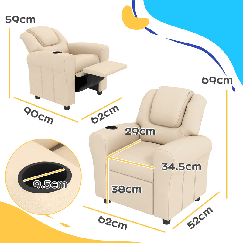 Kids Recliner Chair PU Leather with Adjustable Backrest Footrest and Padded Headrest Beige by HOMCOM